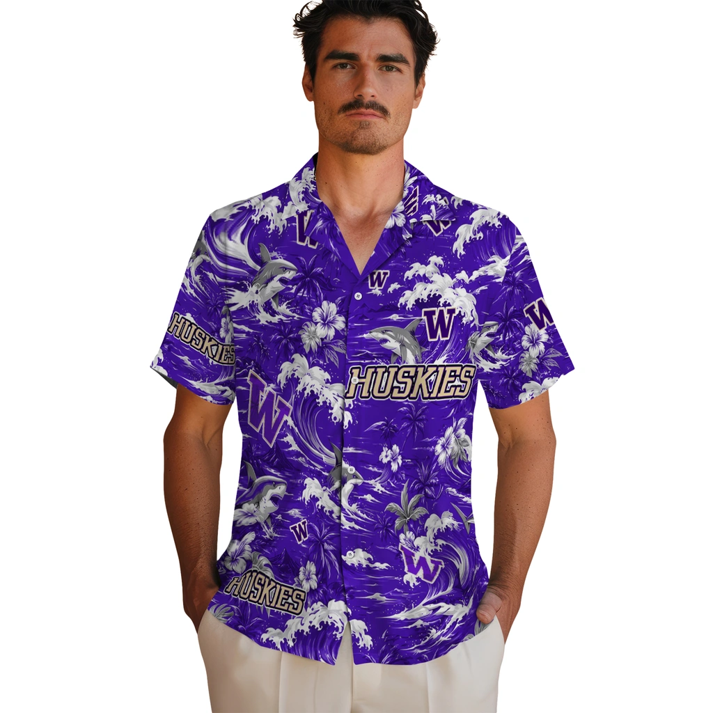 washington-huskies-hawaiian-shirt-custom-wave-florals-purple-fashion-forward