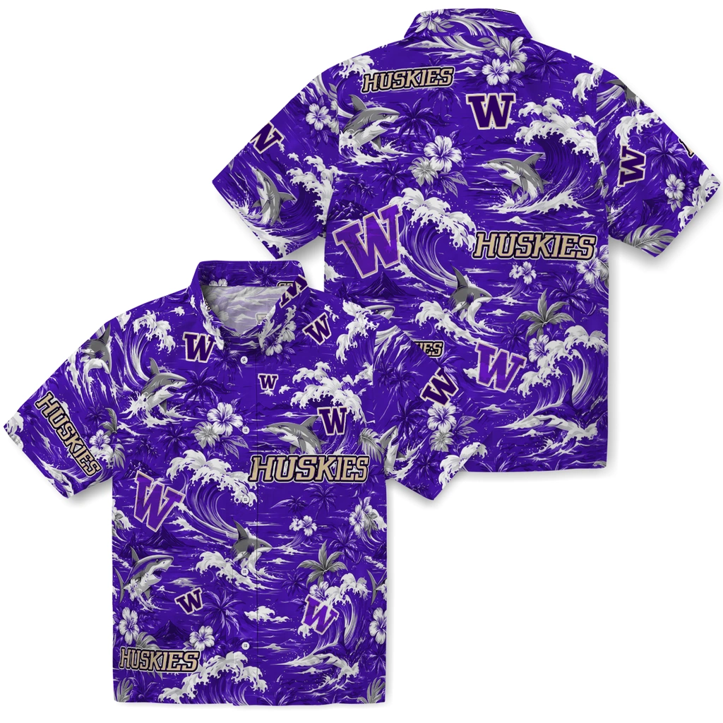 washington-huskies-hawaiian-shirt-custom-wave-florals-purple-high-quality