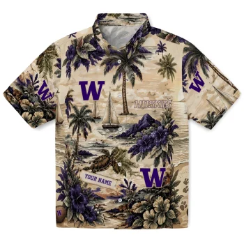 Washington Huskies Hawaiian Shirt - Customized Island Voyage Purple Beige