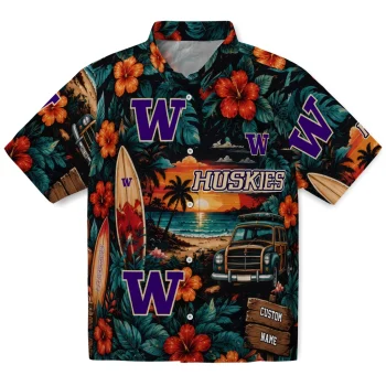 Washington Huskies Hawaiian Shirt - Personalized Scenic Collage Black Green