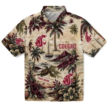Washington State Cougars Hawaiian Shirt - Personalized Island Voyage Crimson Beige