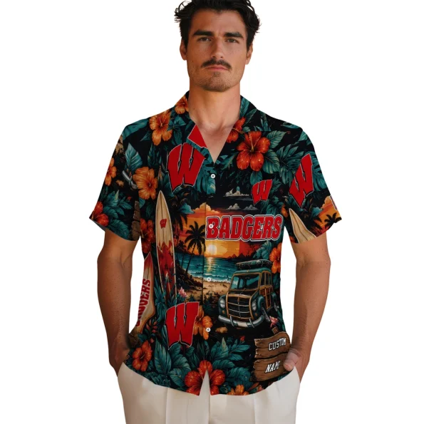 wisconsin-badgers-hawaiian-shirt-customized-scenic-collage-black-green-fashion-forward