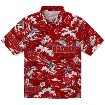 Wisconsin Badgers Hawaiian Shirt - Personalized Wave Florals Red
